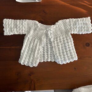 EUC Baby's white handmade crocheted sweater baptism christening dedication